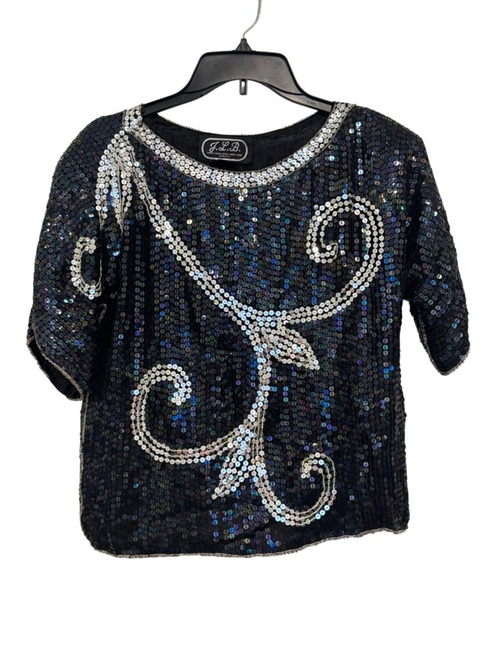 vintage J.L.B. Black Silk Sequin Top With Silver Beaded Swirl Design Size S